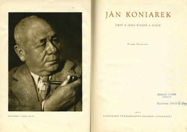 Ján Koniarek, Črty o jeho živote a diele, Fraňo Štefunko, Úvodné strany, 1955, Slovenské vydavatelstvo krásnej literatúry