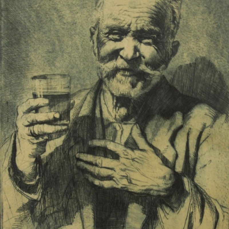 Angyal Gejza, Starec s pohárom, 1930 – 1940, Suchá ihla, grafický papier, G – 789